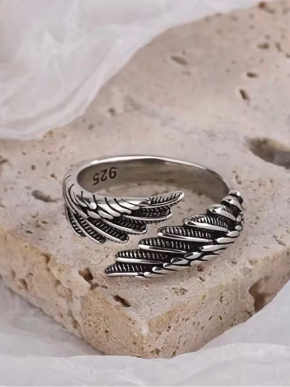 925 Sterling Silver Angel Wing Feather Adjustable Ring Oxidized Boho Statement
